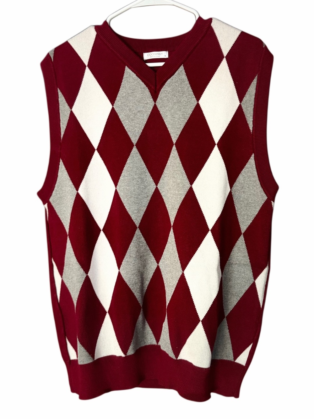 COOFANDY Men’s Medium Argyle Sweater Vest Burgundy Gray V Neck Preppy